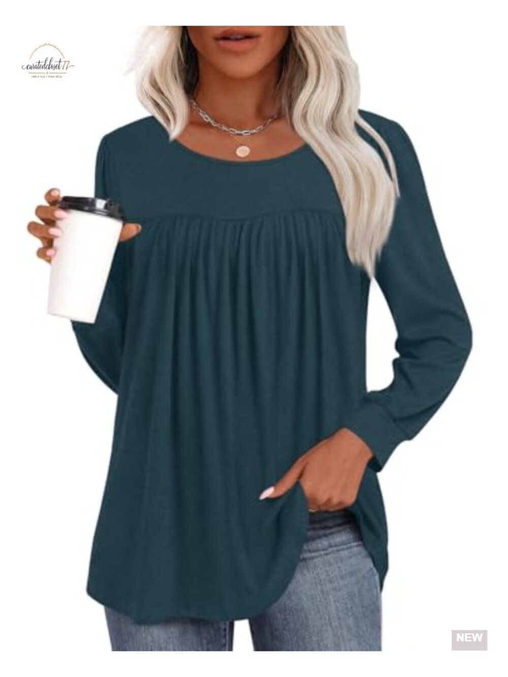 Addtoo Womens Long Sleeve Tunic Top Pleated Flowy Crewneck Blouse